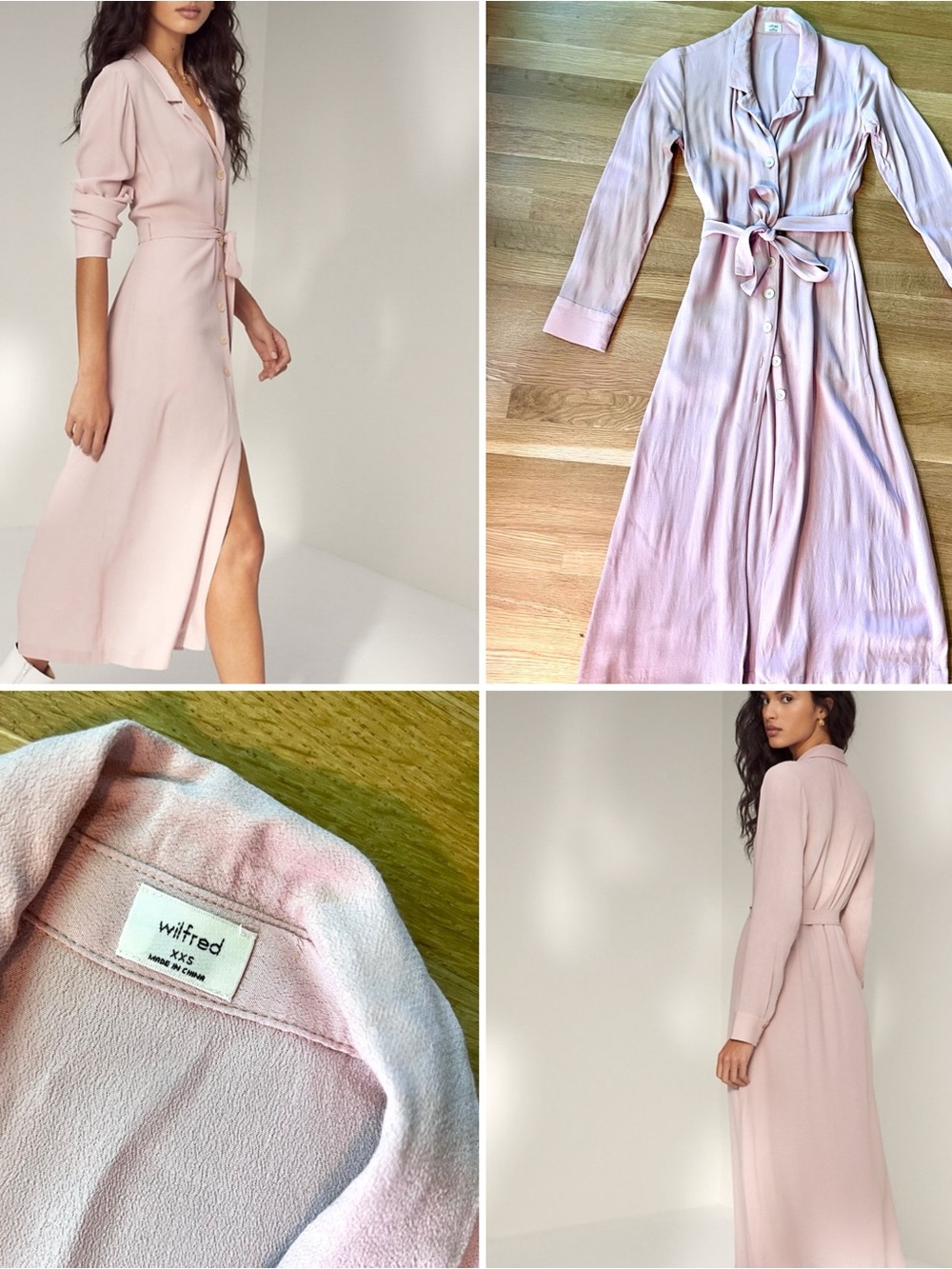 Aritzia Wilfred Pink Button-Front Midi Shirt Dress XXS | Belted Long Sleeve